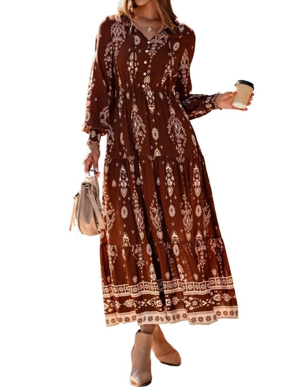 Women's Fall Wedding Guest Dresses 2025 Casual Floral Long Sleeve V Neck Front